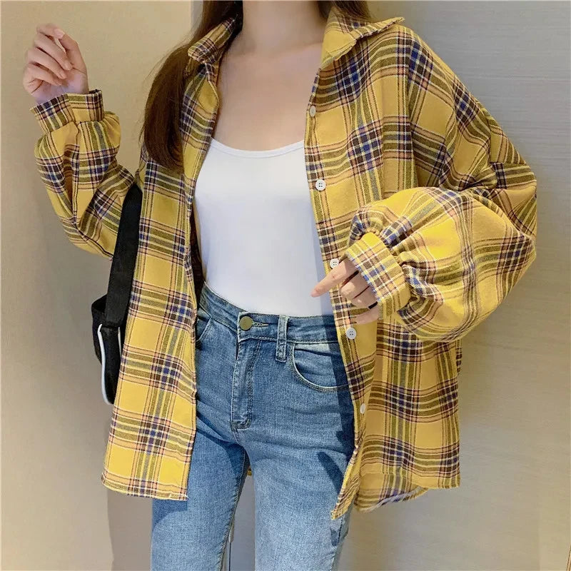 Plaid Skjortebluse Dame i Løs Pasform – Langærmet Vintage Bluse i Blå, Hvid, Grøn, Brun, Gul, Orange 10