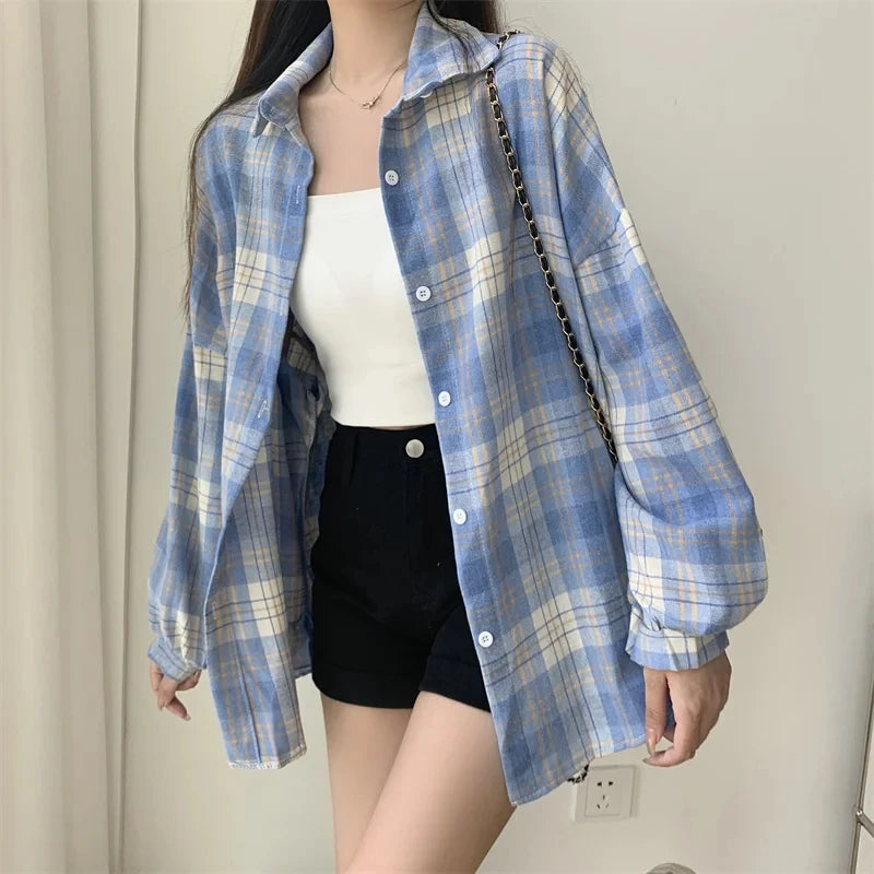 Plaid Skjortebluse Dame i Løs Pasform – Langærmet Vintage Bluse i Blå, Hvid, Grøn, Brun, Gul, Orange 11