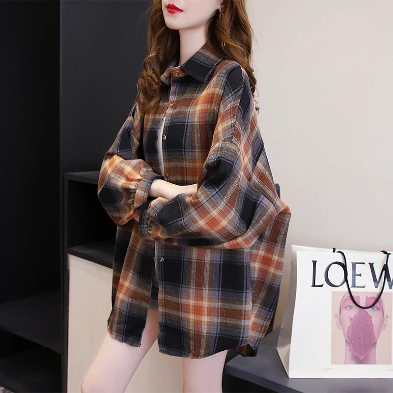 Plaid Skjortebluse Dame i Løs Pasform – Langærmet Vintage Bluse i Blå, Hvid, Grøn, Brun, Gul, Orange 12