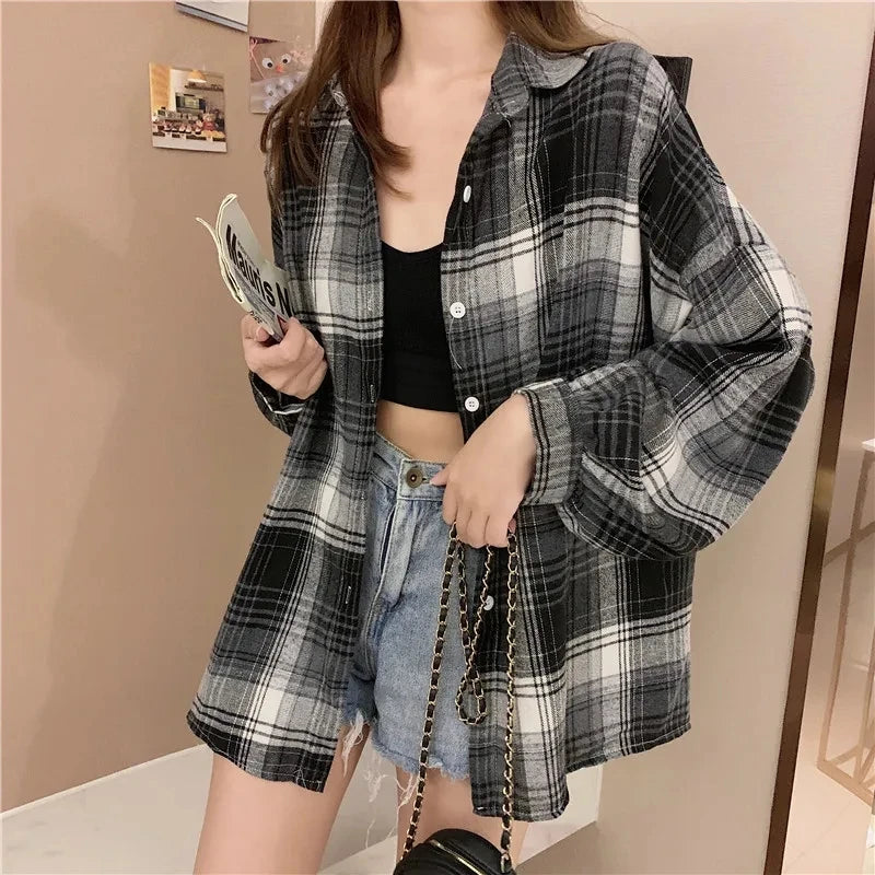 Plaid Skjortebluse Dame i Løs Pasform – Langærmet Vintage Bluse i Blå, Hvid, Grøn, Brun, Gul, Orange 14