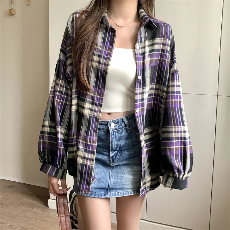 Plaid Skjortebluse Dame i Løs Pasform – Langærmet Vintage Bluse i Blå, Hvid, Grøn, Brun, Gul, Orange 15