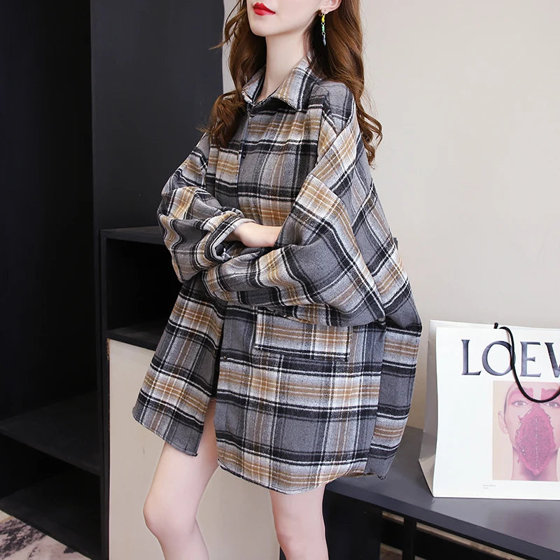 Plaid Skjortebluse Dame i Løs Pasform – Langærmet Vintage Bluse i Blå, Hvid, Grøn, Brun, Gul, Orange 17