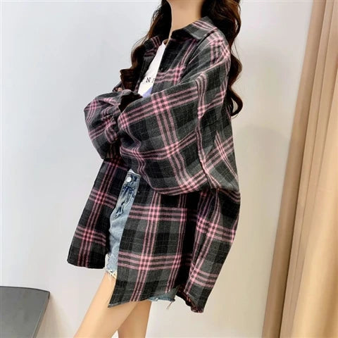 Plaid Skjortebluse Dame i Løs Pasform – Langærmet Vintage Bluse i Blå, Hvid, Grøn, Brun, Gul, Orange 20