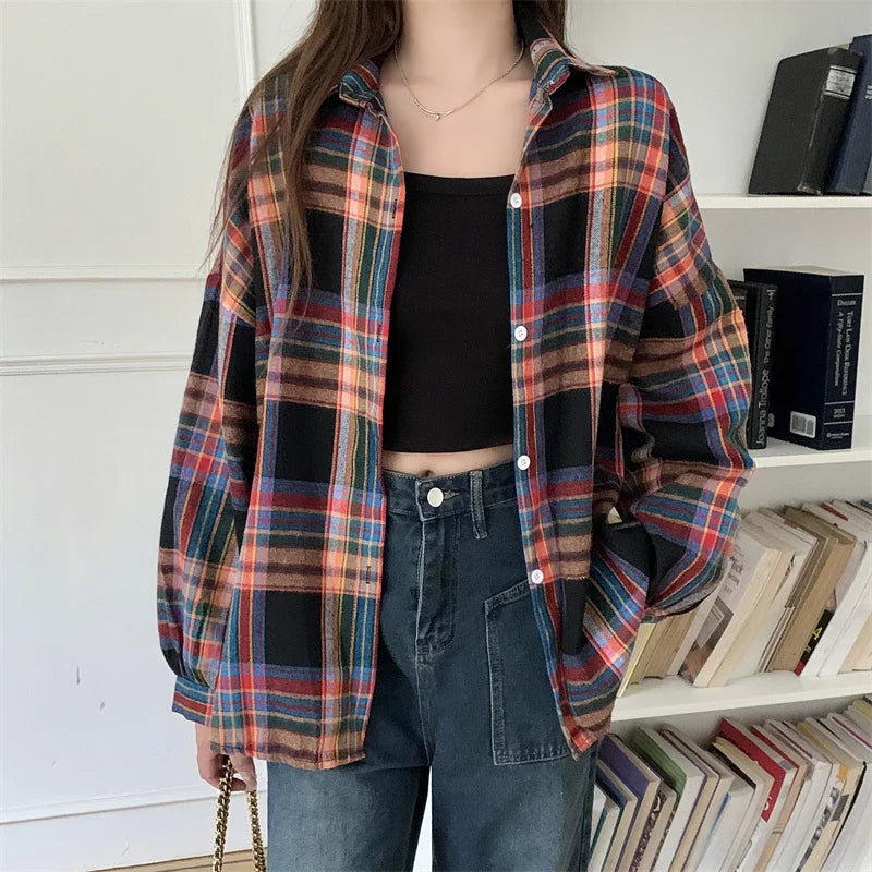 Plaid Skjortebluse Dame i Løs Pasform – Langærmet Vintage Bluse i Blå, Hvid, Grøn, Brun, Gul, Orange 21