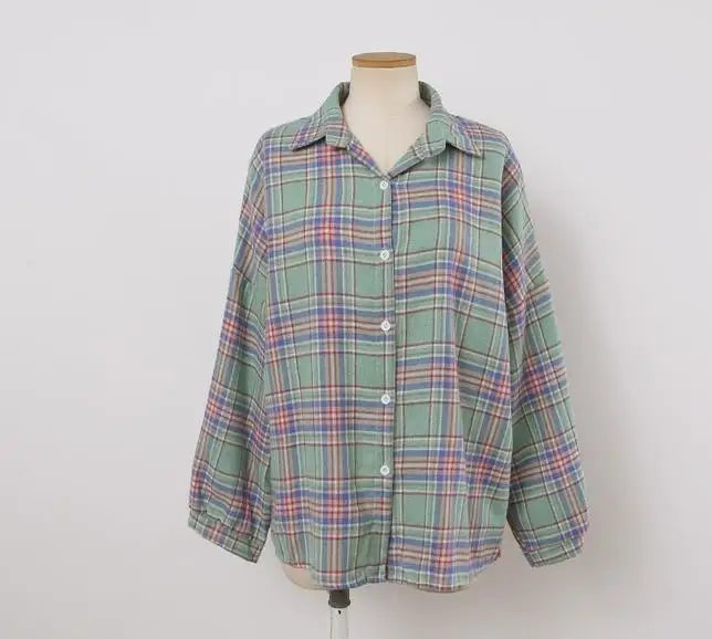 Plaid Skjortebluse Dame i Løs Pasform – Langærmet Vintage Bluse i Blå, Hvid, Grøn, Brun, Gul, Orange 22