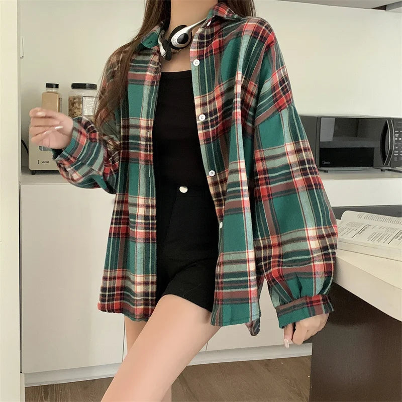 Plaid Skjortebluse Dame i Løs Pasform – Langærmet Vintage Bluse i Blå, Hvid, Grøn, Brun, Gul, Orange 5