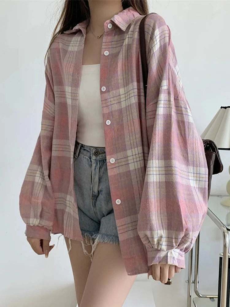 Plaid Skjortebluse Dame i Løs Pasform – Langærmet Vintage Bluse i Blå, Hvid, Grøn, Brun, Gul, Orange 8