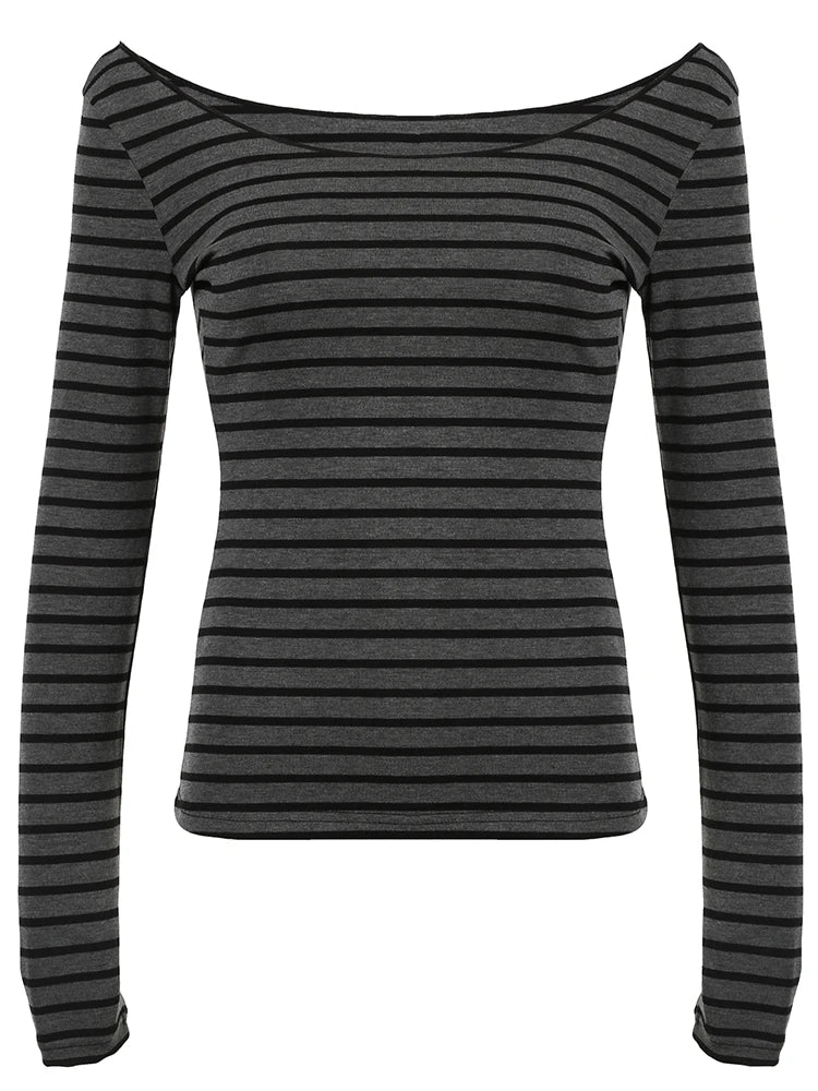 Slim Fit Off-Shoulder Striped T-Shirt til Kvinder – Grå Langærmet Tee i Koreansk Stil 5