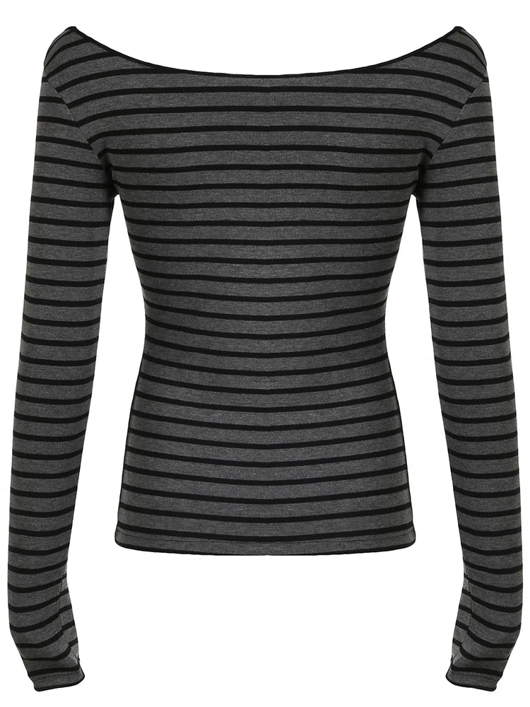 Slim Fit Off-Shoulder Striped T-Shirt til Kvinder – Grå Langærmet Tee i Koreansk Stil 6