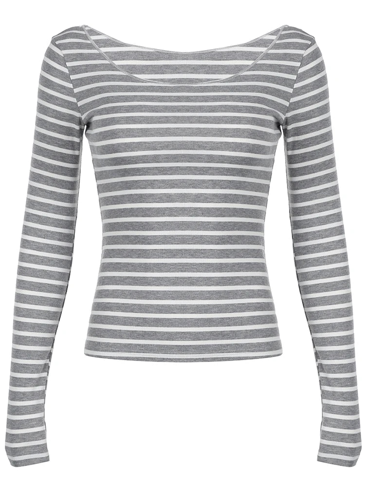 Slim Fit Off-Shoulder Striped T-Shirt til Kvinder – Grå Langærmet Tee i Koreansk Stil 7