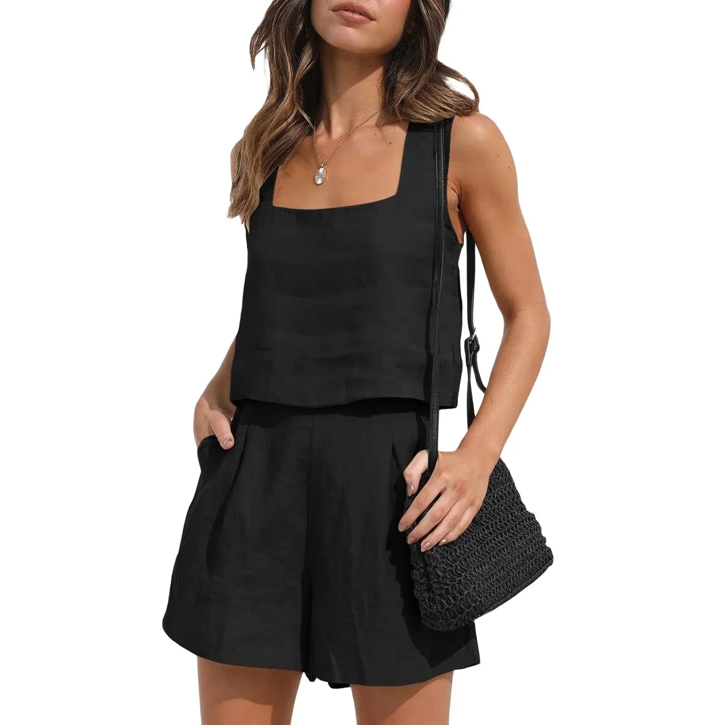 Sæt Med Shorts Og Tank Top Med Firkantet Halsudskæring
