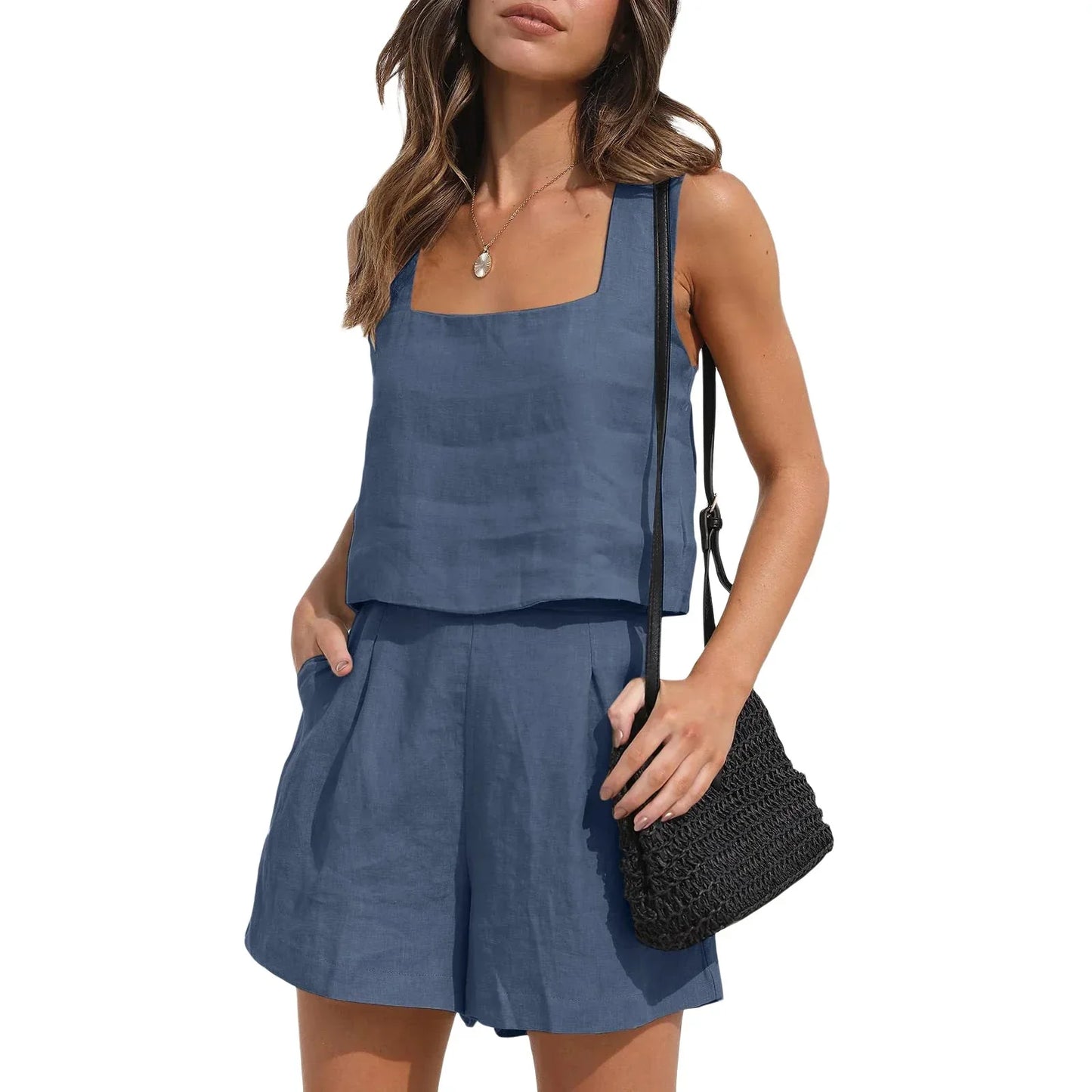 Sæt Med Shorts Og Tank Top Med Firkantet Halsudskæring