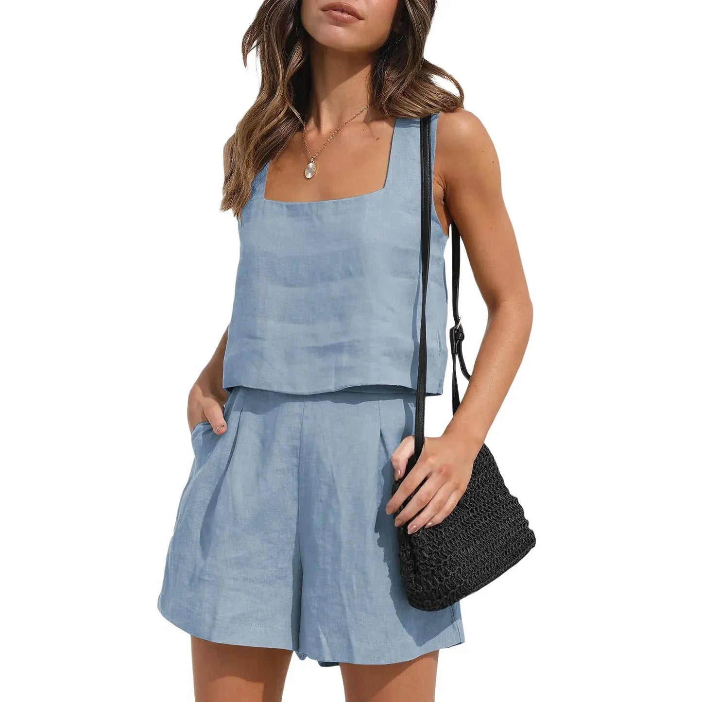 Sæt Med Shorts Og Tank Top Med Firkantet Halsudskæring