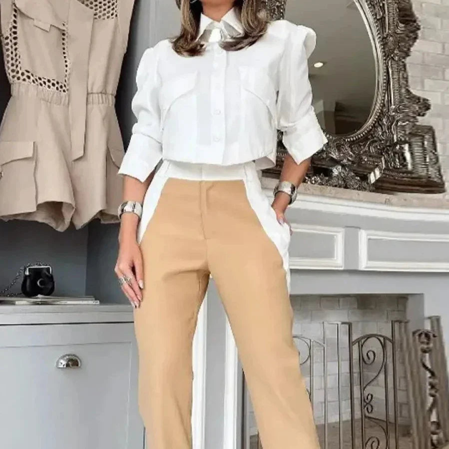 Kvindeligt Sæt Til Festlige Lejligheder Cropped Skjorte Twillbukser