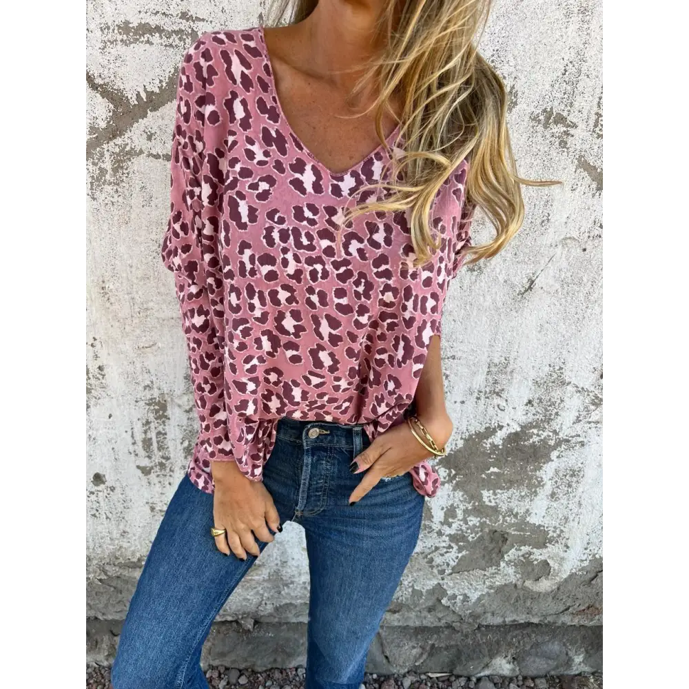 Bluse Med Leopardmønster Og V-udskæring