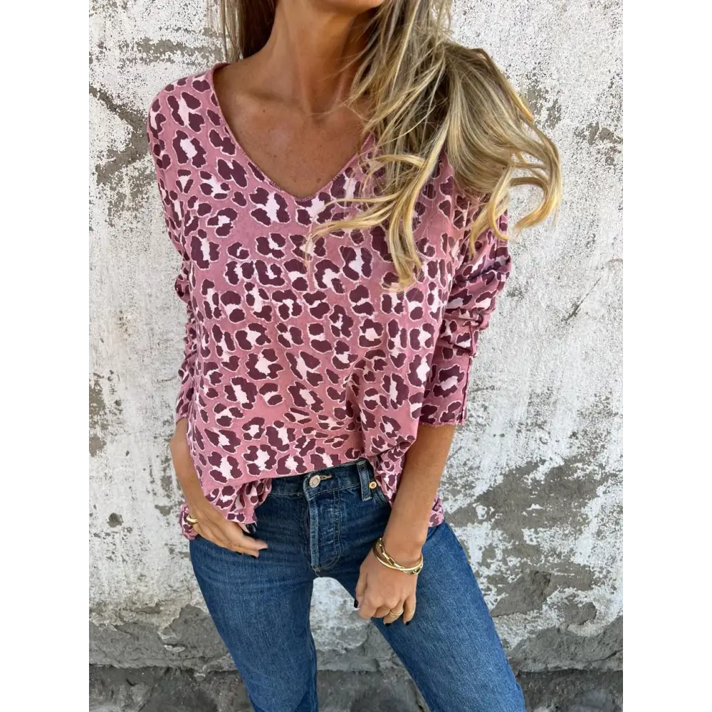 Bluse Med Leopardmønster Og V-udskæring