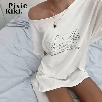 Oversized Hvid T-Shirt til Kvinder med Brede Skuldre og Grafisk Print – Blød og Åndbar Sommermode 5