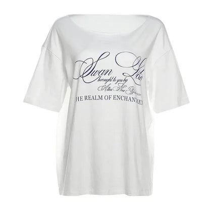 Oversized Hvid T-Shirt til Kvinder med Brede Skuldre og Grafisk Print – Blød og Åndbar Sommermode 7