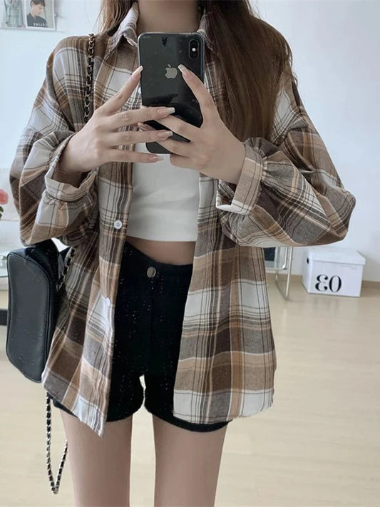 Plaid Skjortebluse Dame i Løs Pasform – Langærmet Vintage Bluse i Blå, Hvid, Grøn, Brun, Gul, Orange 0