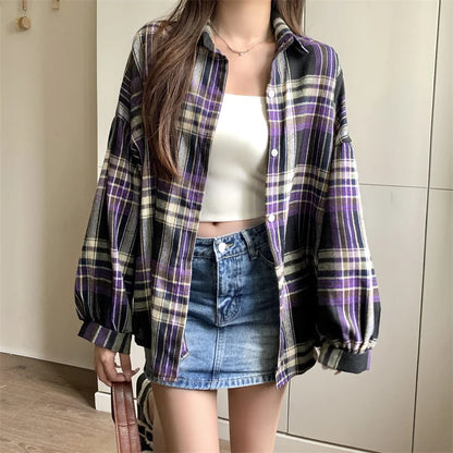 Plaid Skjortebluse Dame i Løs Pasform – Langærmet Vintage Bluse i Blå, Hvid, Grøn, Brun, Gul, Orange 15