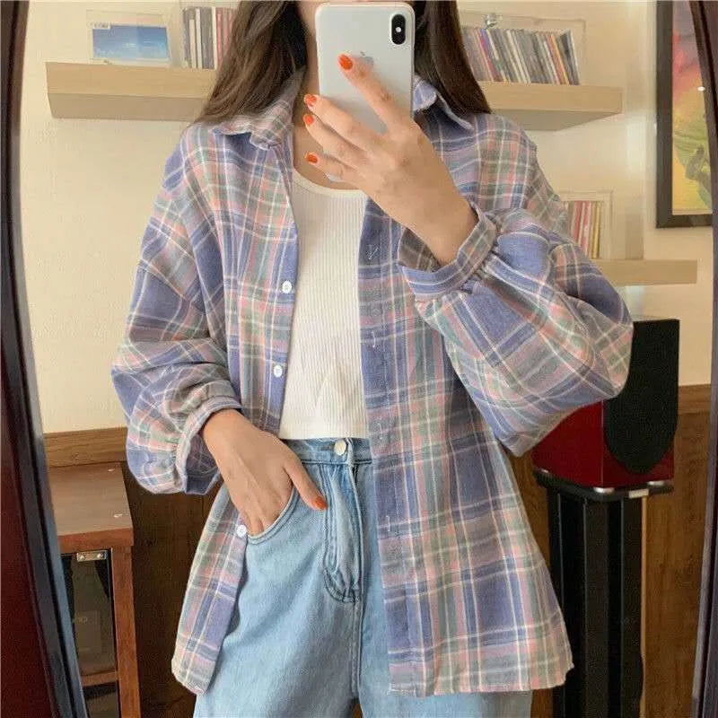 Plaid Skjortebluse Dame i Løs Pasform – Langærmet Vintage Bluse i Blå, Hvid, Grøn, Brun, Gul, Orange 18