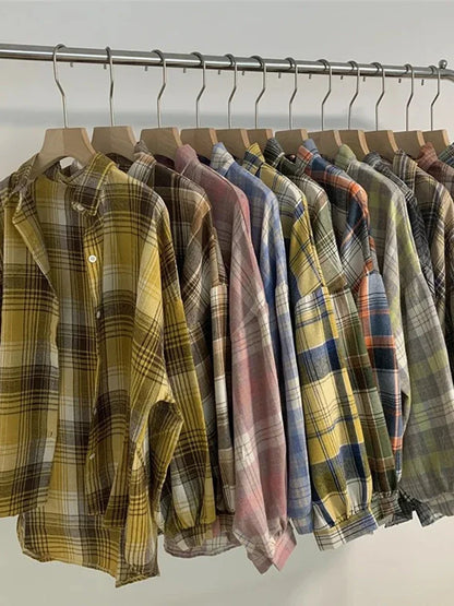 Plaid Skjortebluse Dame i Løs Pasform – Langærmet Vintage Bluse i Blå, Hvid, Grøn, Brun, Gul, Orange 2