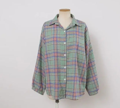Plaid Skjortebluse Dame i Løs Pasform – Langærmet Vintage Bluse i Blå, Hvid, Grøn, Brun, Gul, Orange 22