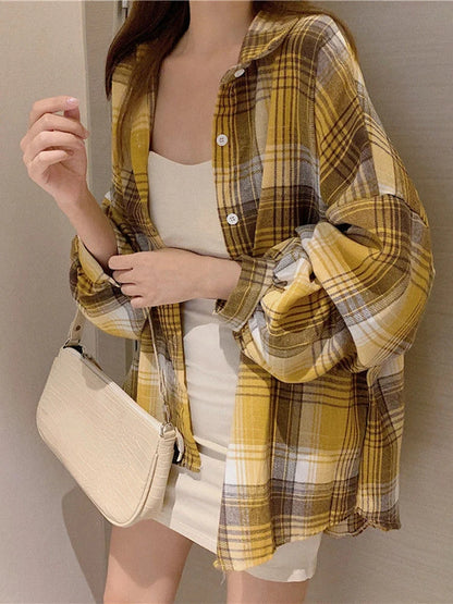 Plaid Skjortebluse Dame i Løs Pasform – Langærmet Vintage Bluse i Blå, Hvid, Grøn, Brun, Gul, Orange 6