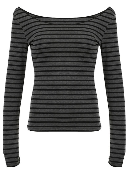 Slim Fit Off-Shoulder Striped T-Shirt til Kvinder – Grå Langærmet Tee i Koreansk Stil 5