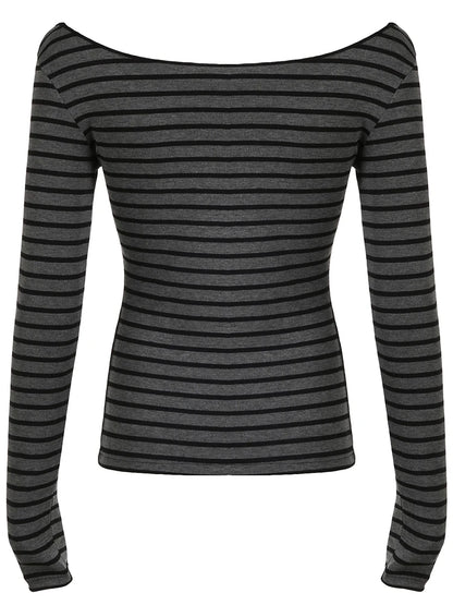 Slim Fit Off-Shoulder Striped T-Shirt til Kvinder – Grå Langærmet Tee i Koreansk Stil 6