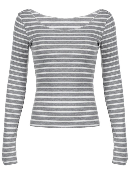 Slim Fit Off-Shoulder Striped T-Shirt til Kvinder – Grå Langærmet Tee i Koreansk Stil 7