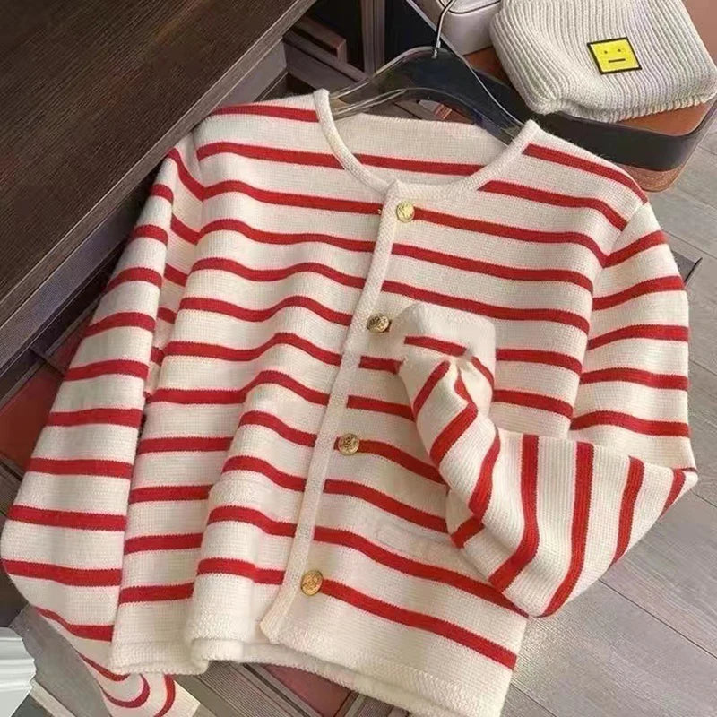 Stribet Strikket Cardigan til Kvinder – Langærmet Crop Top med O-hals i Blødt Strikket Stof 0