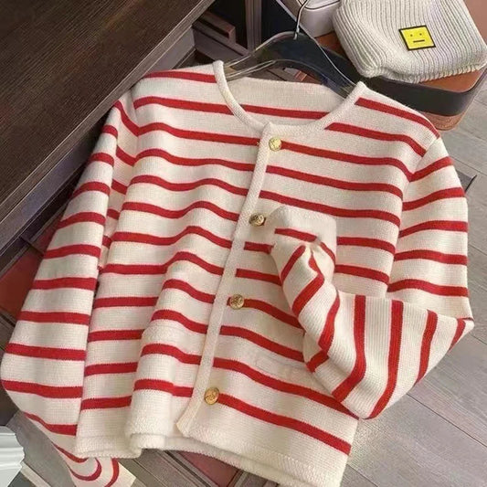 Stribet Strikket Cardigan til Kvinder – Langærmet Crop Top med O-hals i Blødt Strikket Stof 0