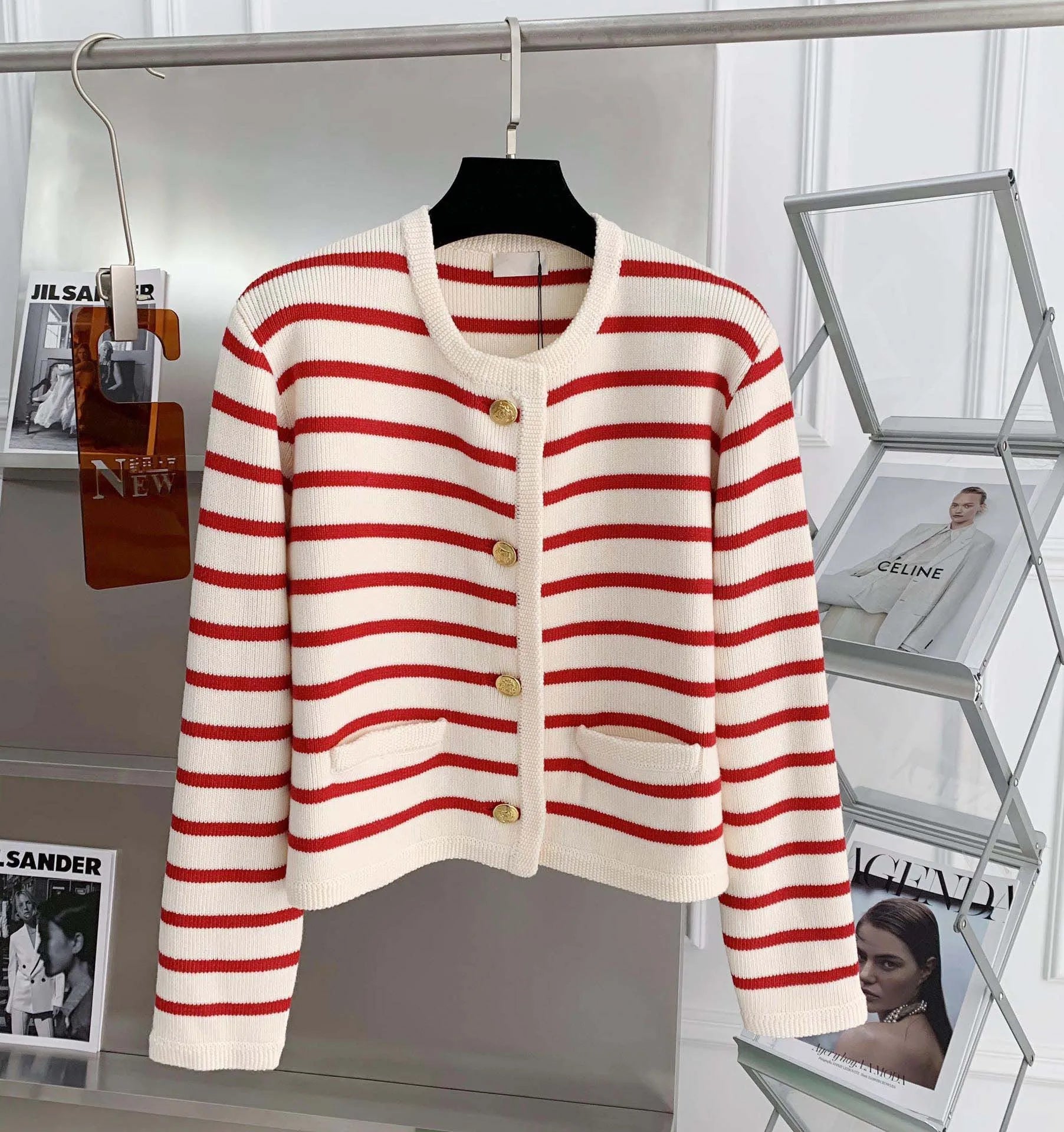 Stribet Strikket Cardigan til Kvinder – Langærmet Crop Top med O-hals i Blødt Strikket Stof 3