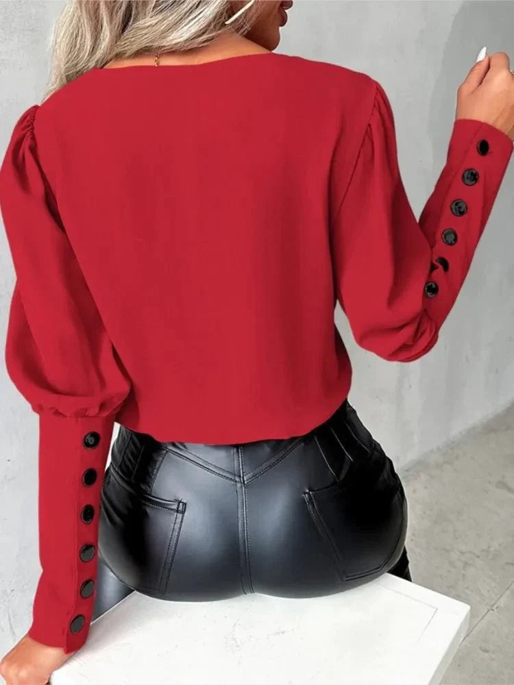 Klassisk Damebluse med V-Hals og Lange Ærmer