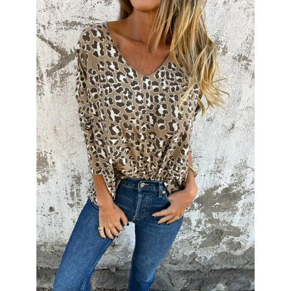 Bluse Med Leopardmønster Og V-udskæring