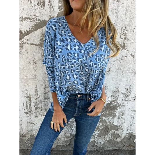 Bluse Med Leopardmønster Og V-udskæring