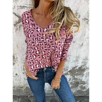 Bluse Med Leopardmønster Og V-udskæring